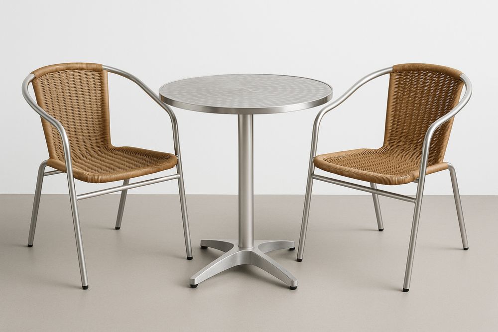 Outdoor Aluminium Bistro Table and PE Rattan Chair Set Silver/Tan