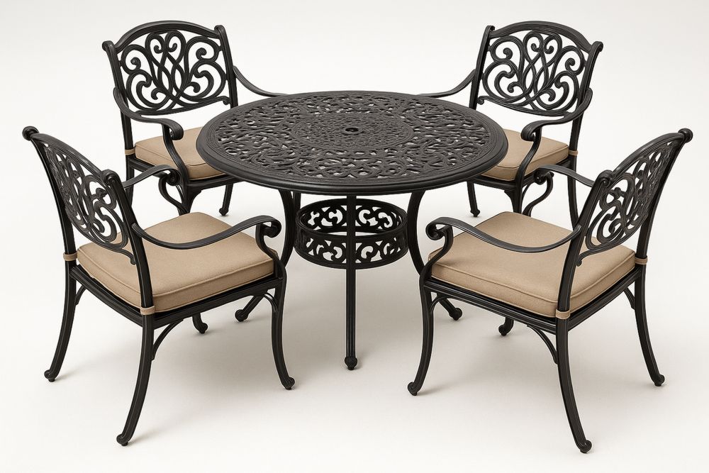 Outdoor Round Cast Aluminium Table Set with Four Chairs Black and Beige