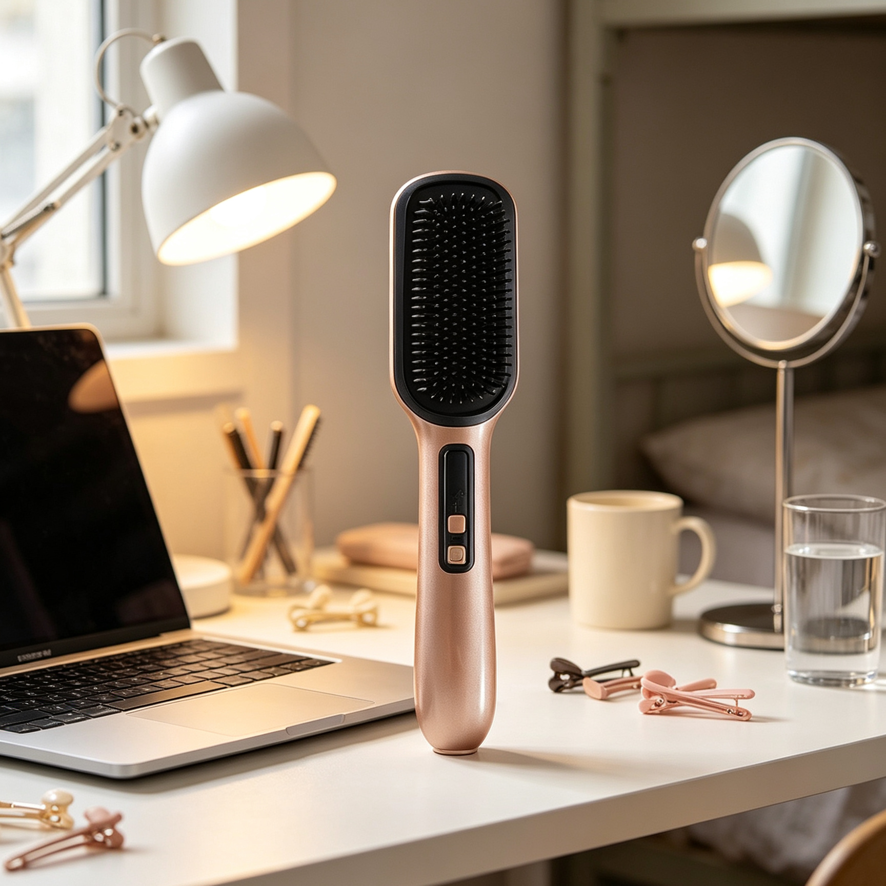 Negative ion hair straightener brush, two in one salon grade styling tool.