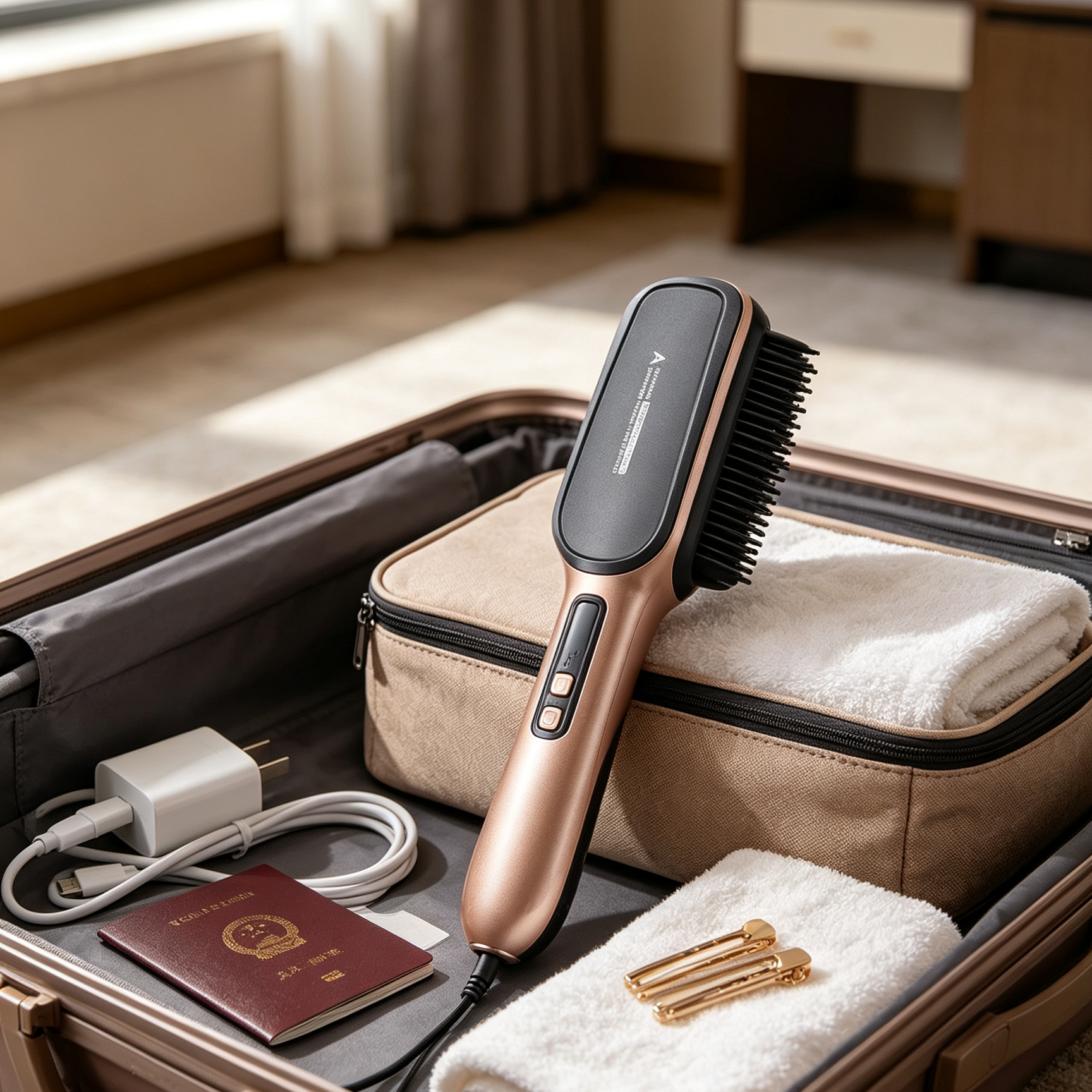 Negative ion hair straightener brush, two in one salon grade styling tool.