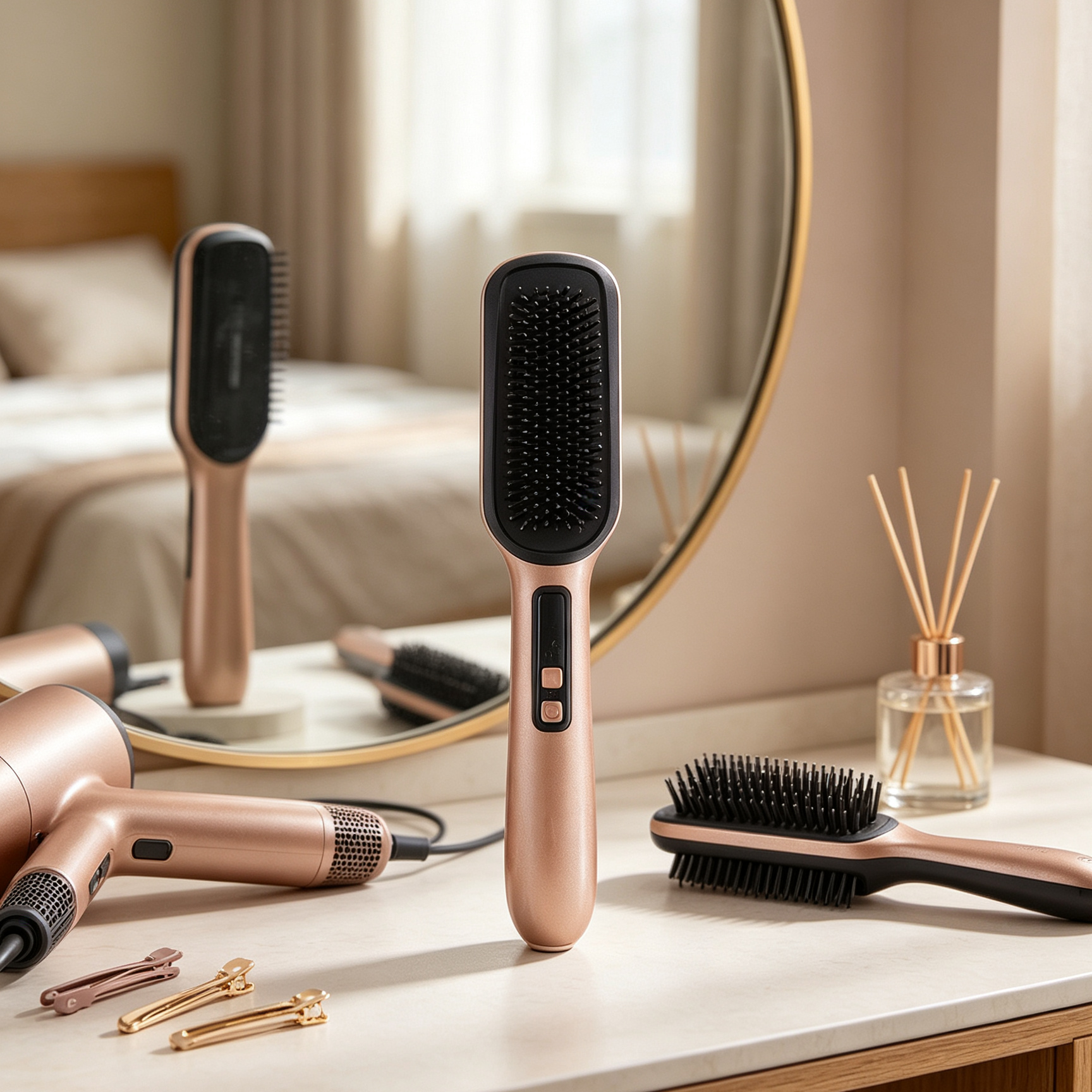 Negative ion hair straightener brush, two in one salon grade styling tool.