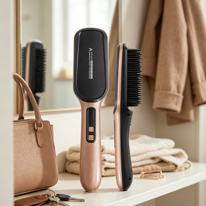 Negative ion hair straightener brush, two in one salon grade styling tool.