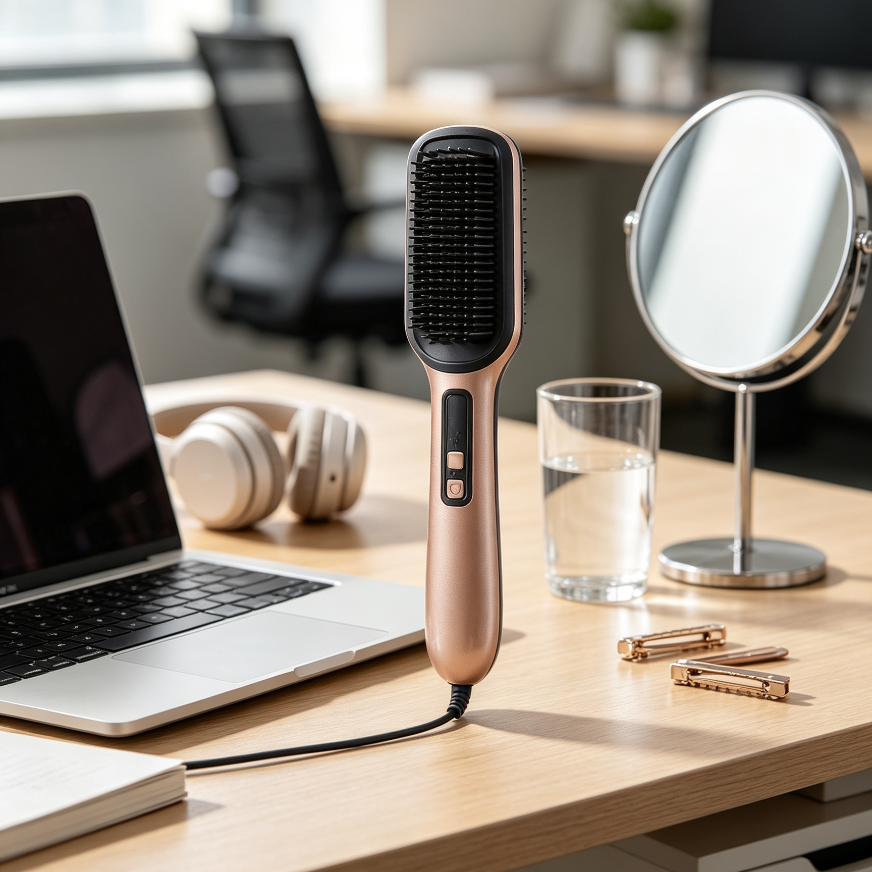 Negative ion hair straightener brush, two in one salon grade styling tool.