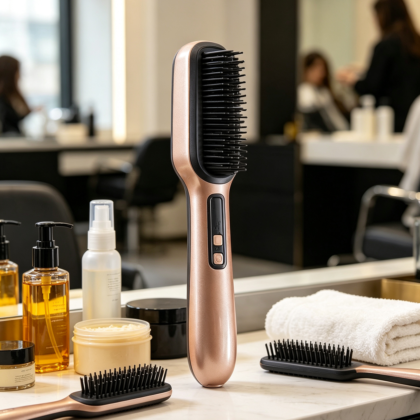 Negative ion hair straightener brush, two in one salon grade styling tool.