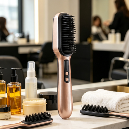 Negative ion hair straightener brush, two in one salon grade styling tool.