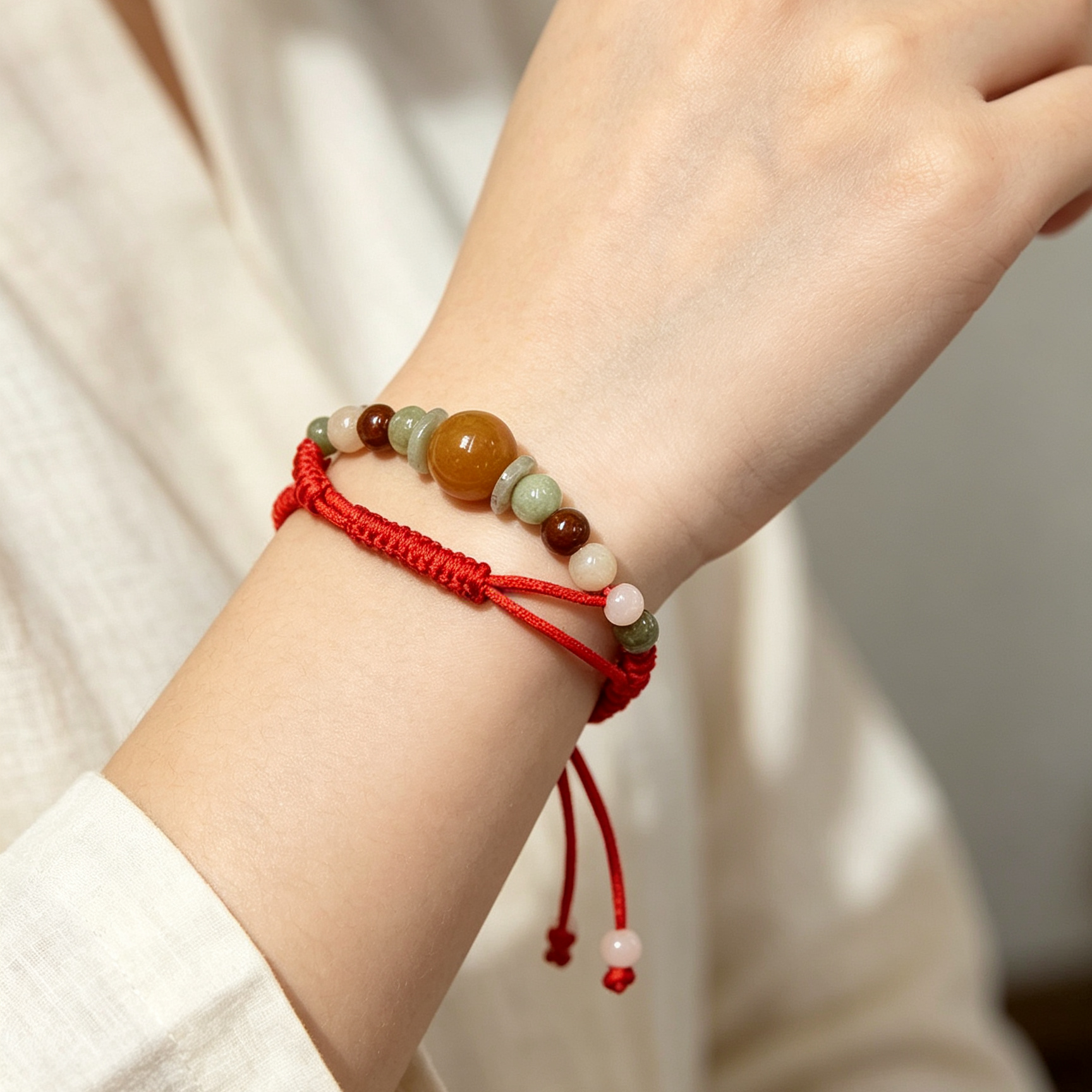 สร้อยข้อมือหยก 9 เม็ดเชือกแดงมงคล ผ่านพิธีปลุกเสกเสริมดวงการเงิน