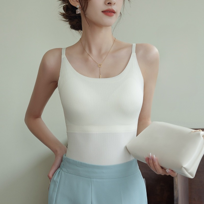 เสื้อกล้ามสีทึบเสริมหน้าอก เสื้อสายเดี่ยวพร้อมคัพคงที่แบบชิ้นเดียว