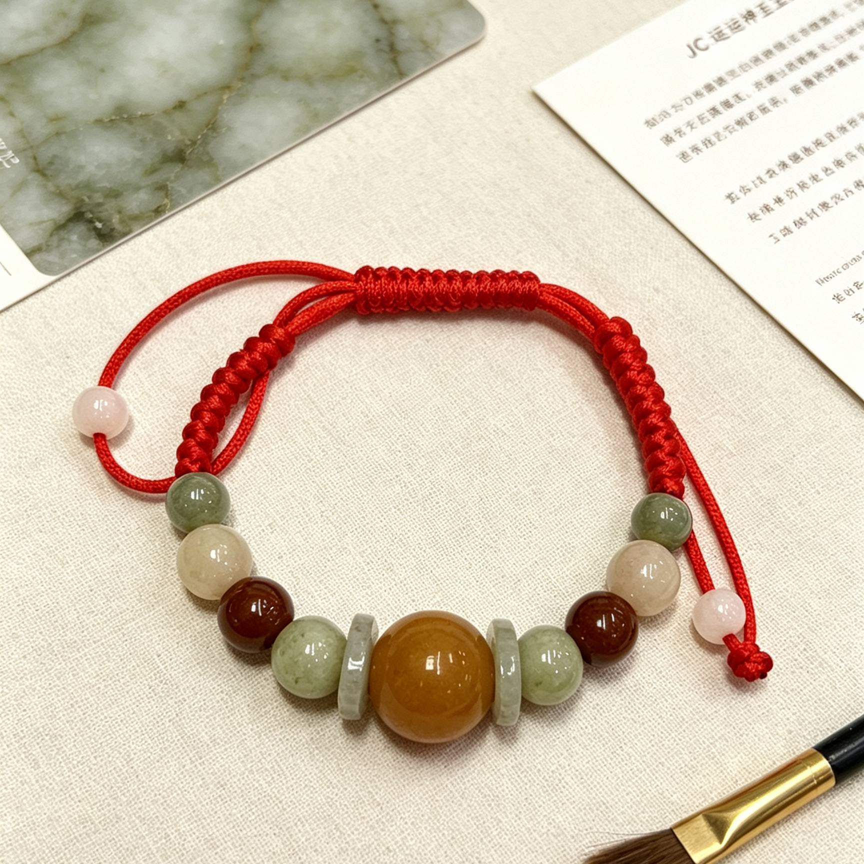 สร้อยข้อมือหยก 9 เม็ดเชือกแดงมงคล ผ่านพิธีปลุกเสกเสริมดวงการเงิน