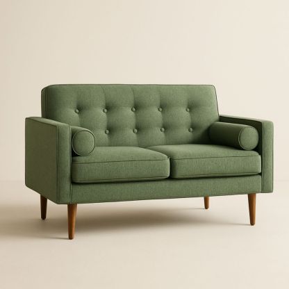 Green Polyester Fabric Two Seater Sofa with Wooden Legs