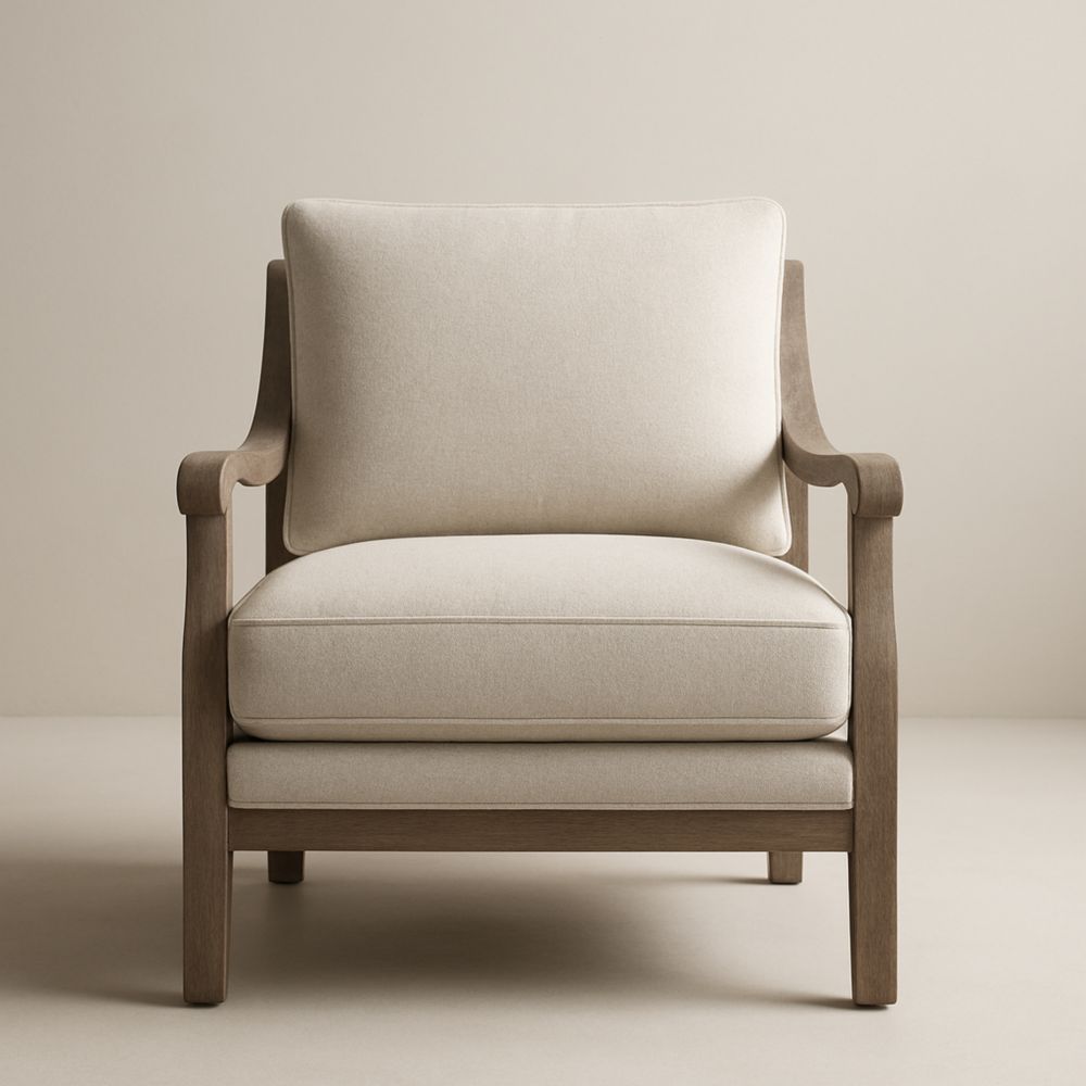 Beige Armchair with Solid Oak Frame and Polyester Cushions