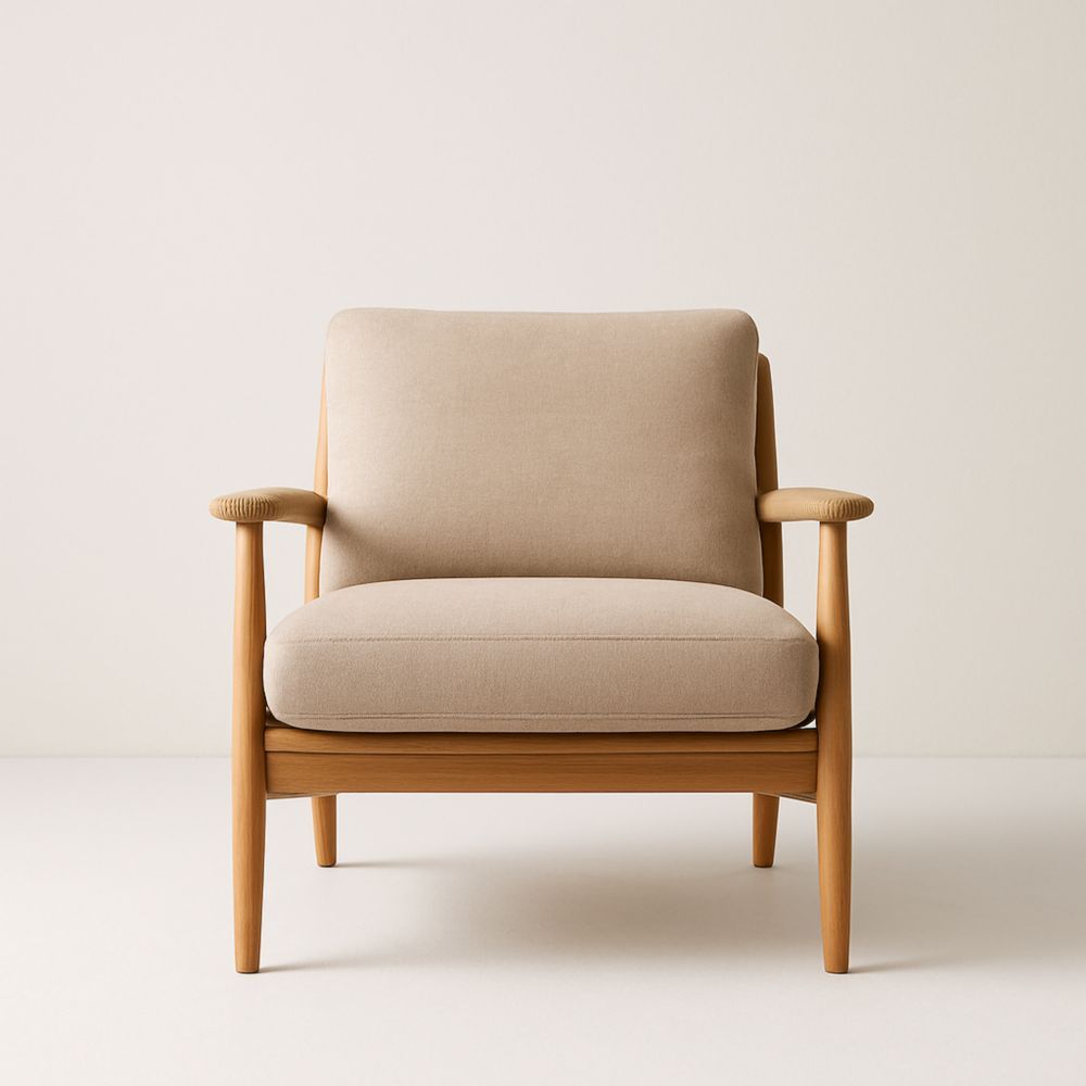 Beige Polyester Fabric Armchair Solid Oak Frame