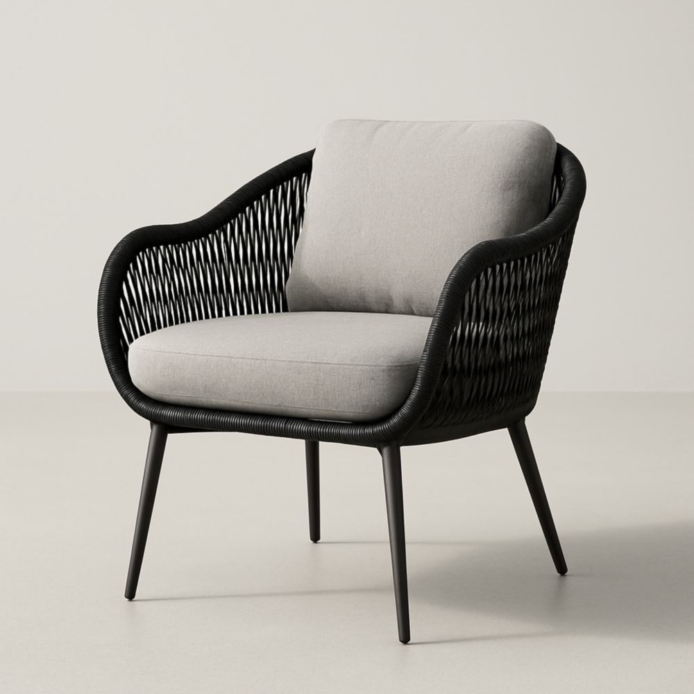 Metal frame woven armchair with grey cushion, 78 cm