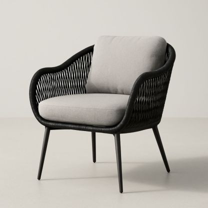 Metal frame woven armchair with grey cushion, 78 cm