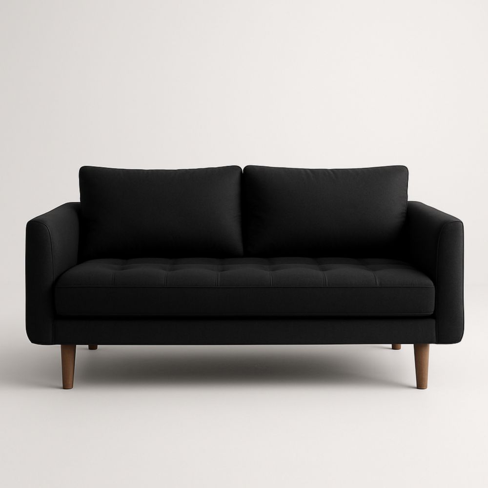 Black Fabric Three-Seater Sofa with Wooden Legs