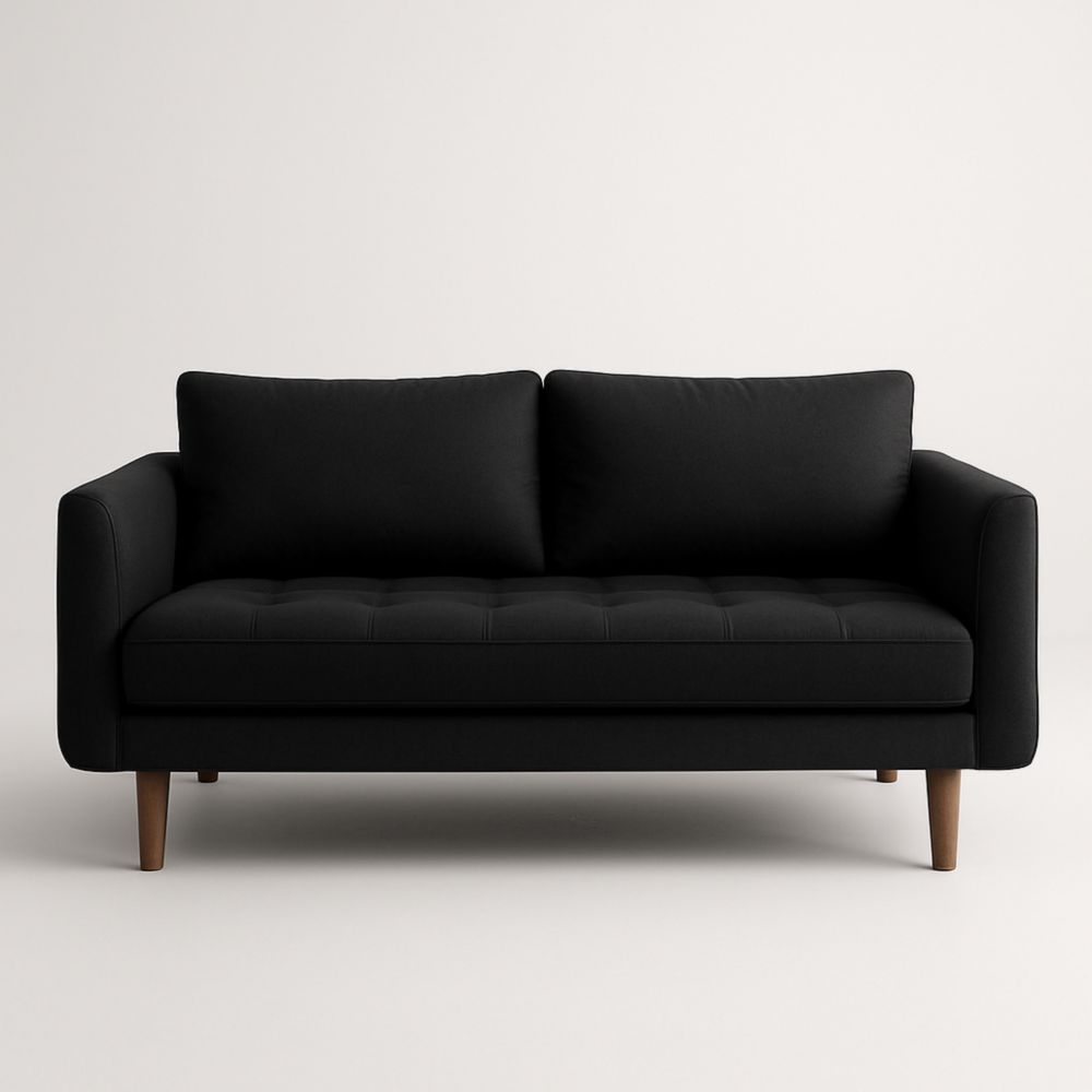 Black Fabric Three-Seater Sofa with Wooden Legs