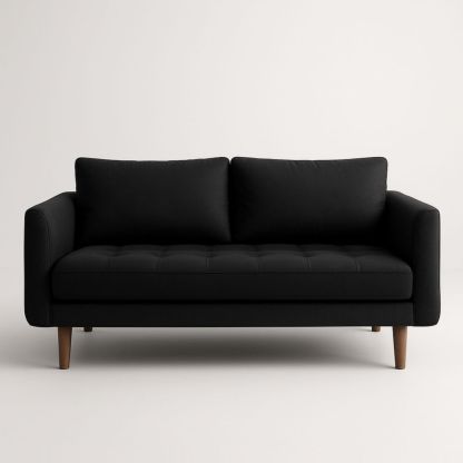 Black Fabric Three-Seater Sofa with Wooden Legs