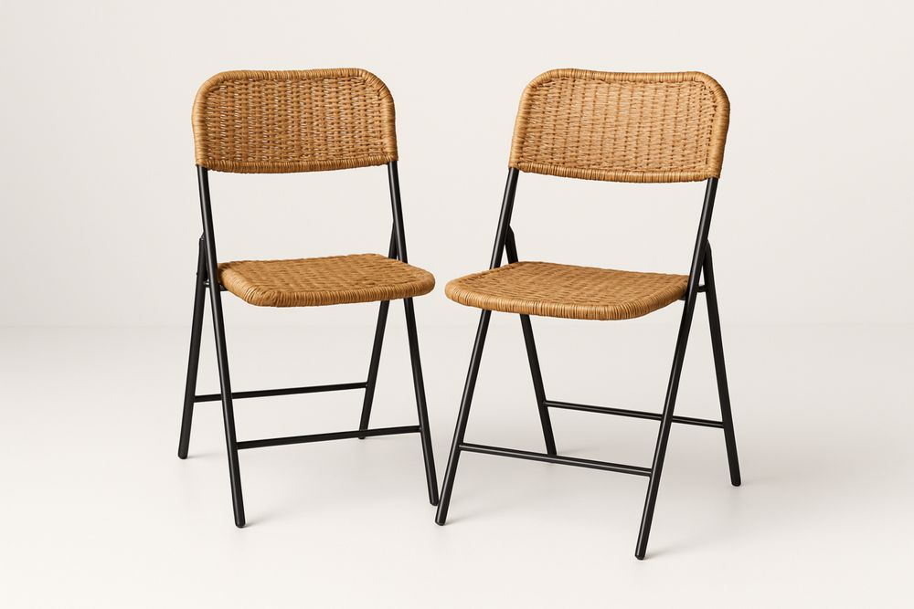 Set of 2 Rattan Folding Chairs with Metal Frame Natural/Black 80cm