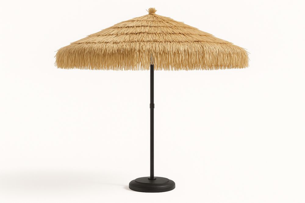Outdoor Thatch Patio Umbrella Natural Straw Polyester Canopy Black Steel Frame 300cm Diameter