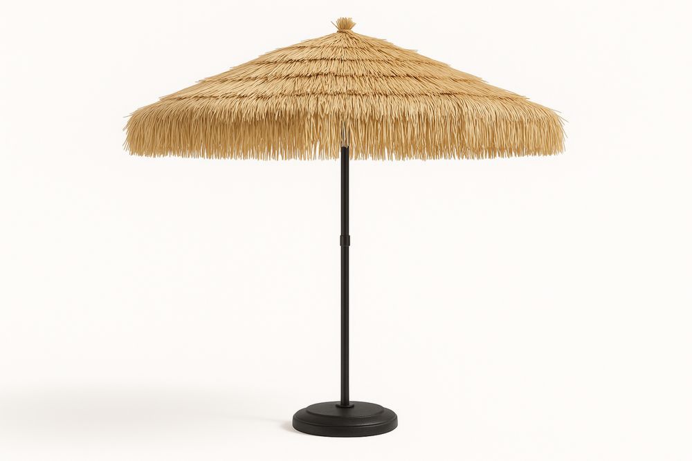 Outdoor Thatch Patio Umbrella Natural Straw Polyester Canopy Black Steel Frame 300cm Diameter