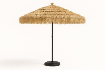 Outdoor Thatch Patio Umbrella Natural Straw Polyester Canopy Black Steel Frame 300cm Diameter