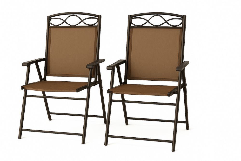 Outdoor Folding Chair Set Steel Frame Textilene Fabric Brown