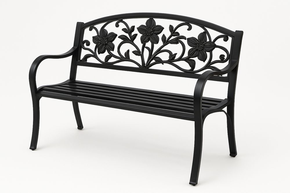 Black Cast Iron Garden Bench with Decorative Floral Backrest