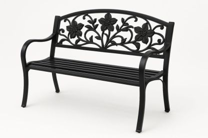 Black Cast Iron Garden Bench with Decorative Floral Backrest