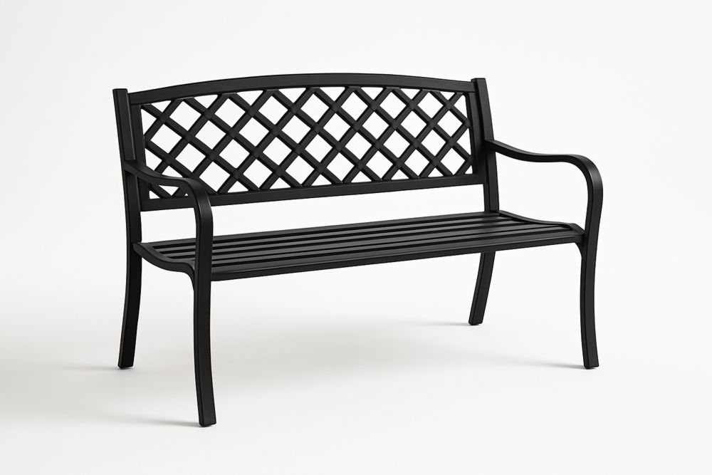Outdoor Black Metal Frame Bench 126cm x 51cm x 81cm