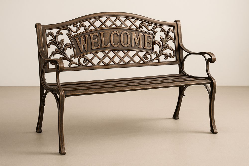 Bronze Cast Iron Outdoor Garden Bench with Welcome Design 127cm x 58cm x 85cm