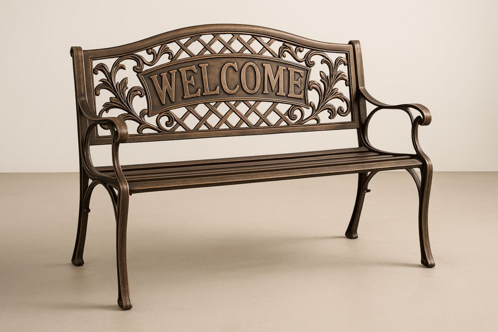 Bronze Cast Iron Outdoor Garden Bench with Welcome Design 127cm x 58cm x 85cm
