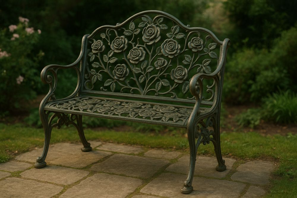 Cast Aluminium Garden Bench with Rose Design in Green