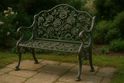 Cast Aluminium Garden Bench with Rose Design in Green