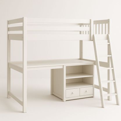 White Loft Bed with Desk and Shelves for Kids