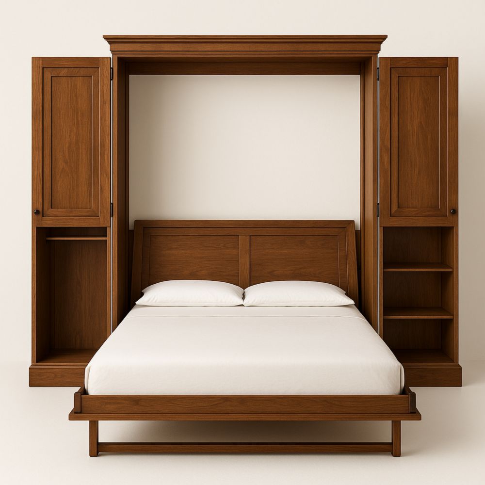 American Walnut Wood Wall Bed with Storage Cabinets