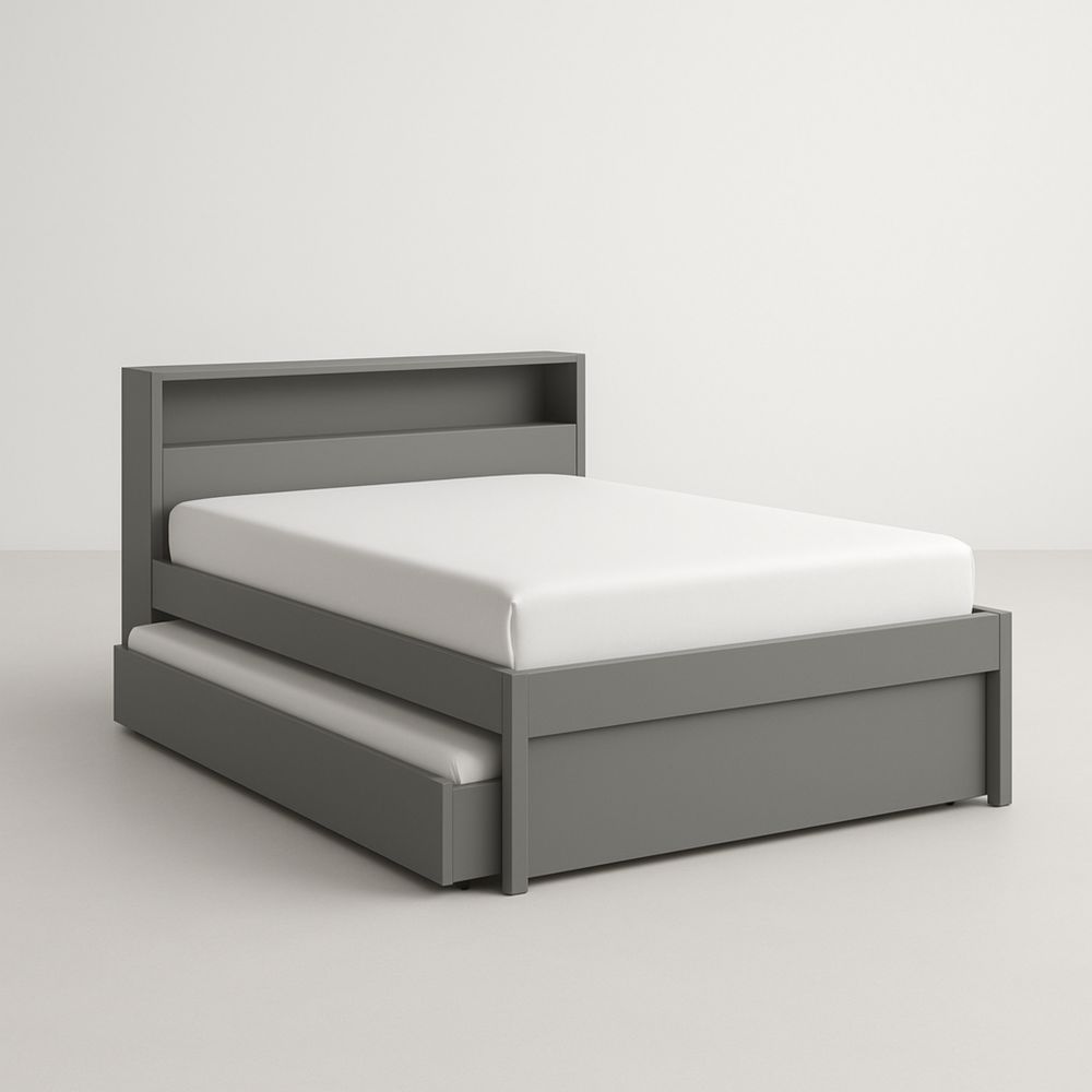 Grey Wood Bed Frame with Trundle and Storage Shelves 200cm x 150cm