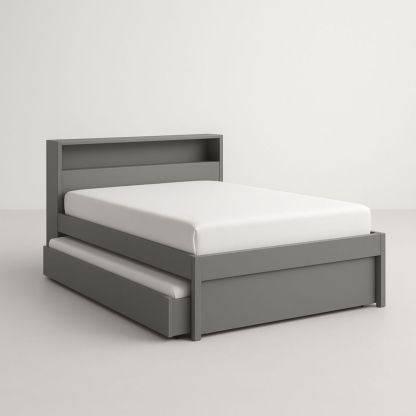 Grey Wood Bed Frame with Trundle and Storage Shelves 200cm x 150cm