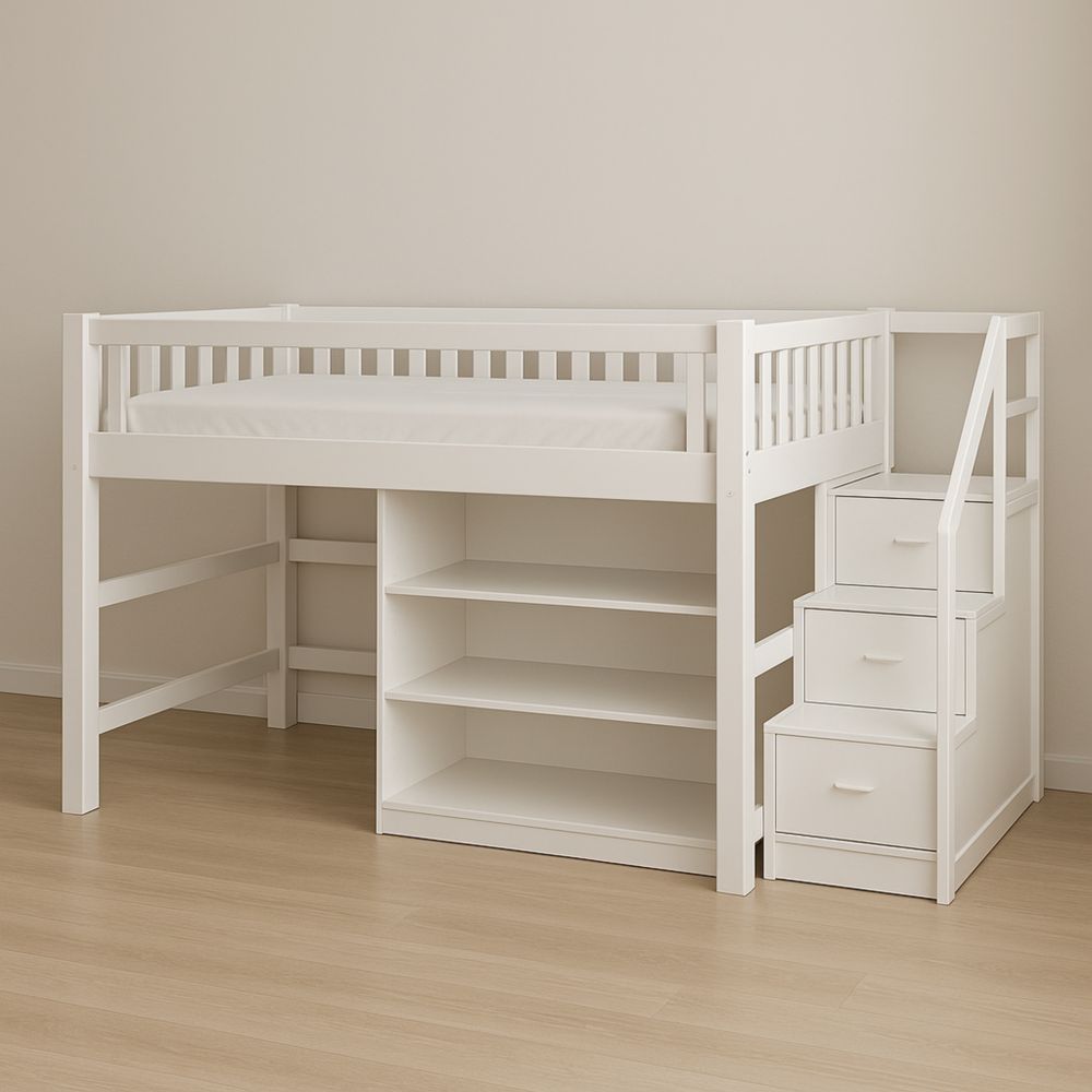 White Wooden Loft Bed with Storage Stairs and Shelves