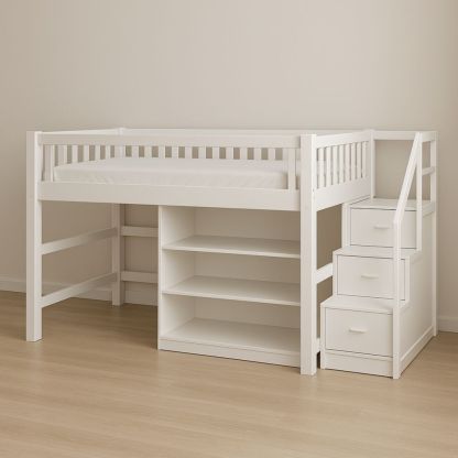 White Wooden Loft Bed with Storage Stairs and Shelves