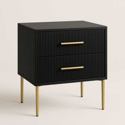 Black Nightstand with Two Drawers and Brass Legs