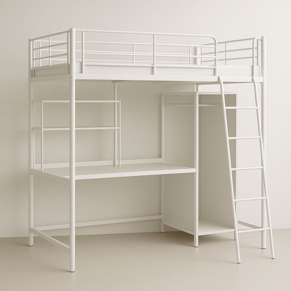 Steel Loft Bed with Desk and Storage White