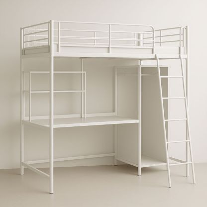 Steel Loft Bed with Desk and Storage White