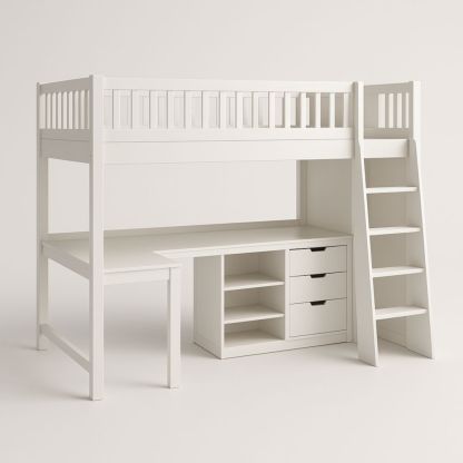White Wooden Loft Bed with Desk and Storage for Kids