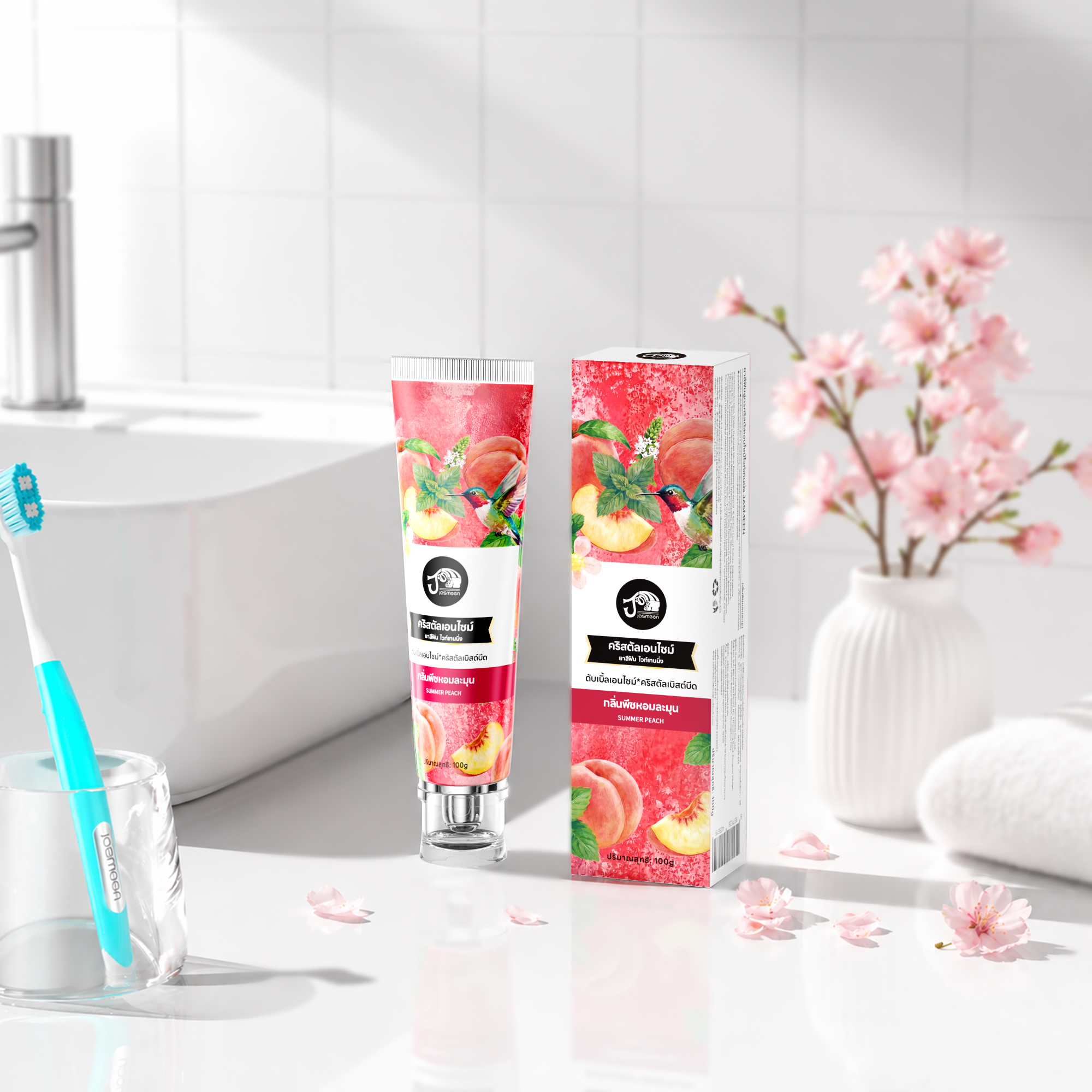Jasmeen Peach-flavored Toothpaste, 100g per tube. Whitening and stain removal, deepening and brightening from the root. Dual-color burst bead particles, achieving a double upgrade in both visual appeal and user experience.