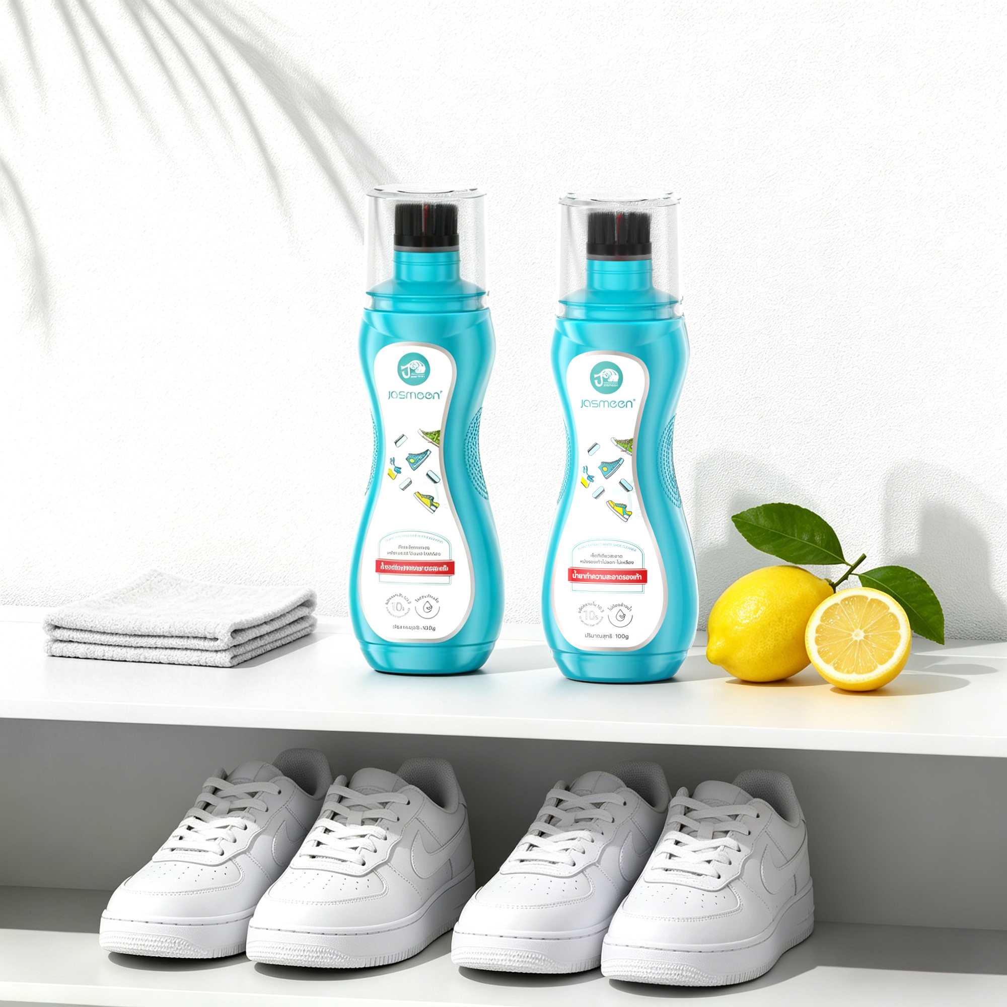 Jasmeen White Sneaker Cleaner. The shoe surface becomes clean and white. No need for water washing. It quickly removes stains, inhibits bacteria, and refreshes the scent.