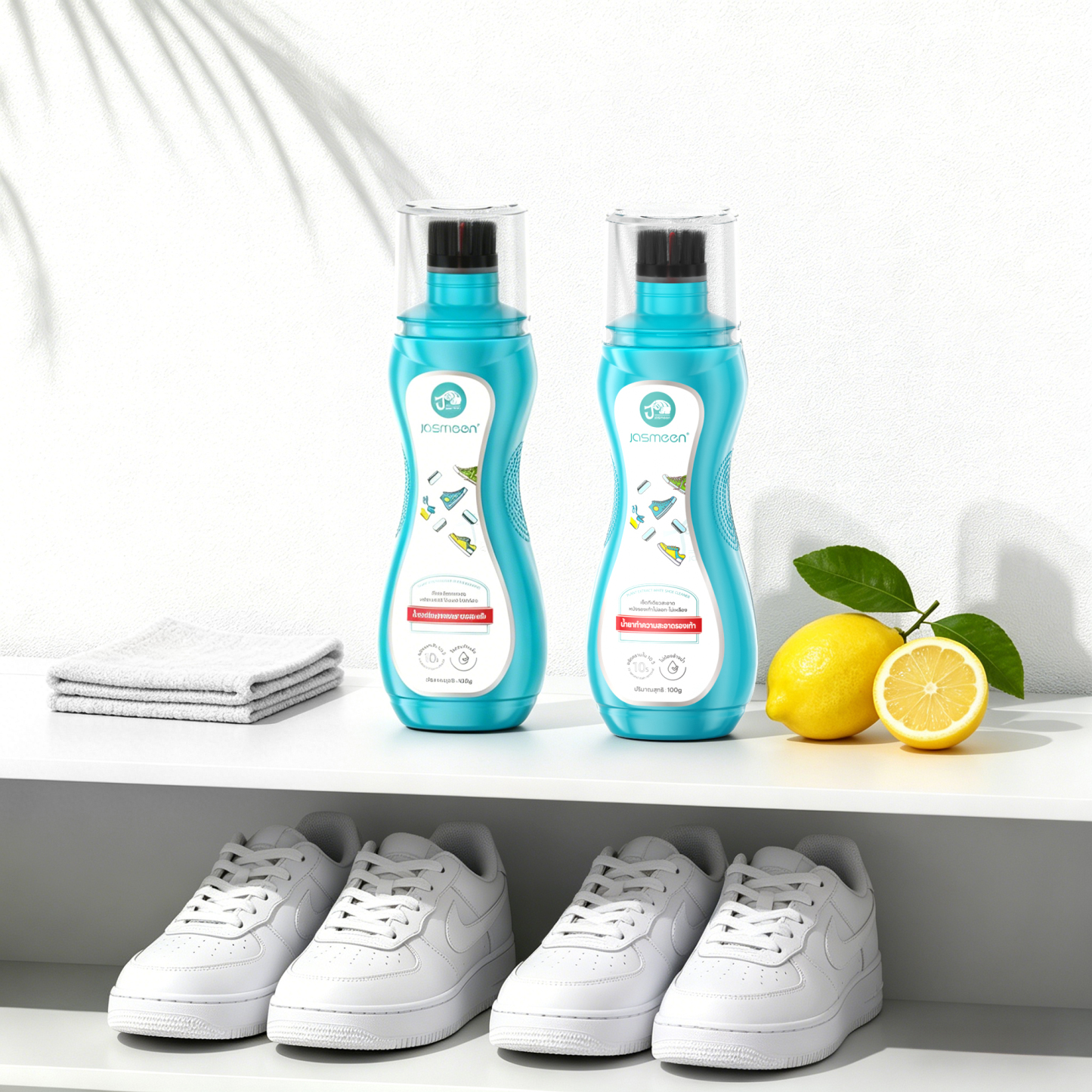 Jasmeen White Sneaker Cleaner. The shoe surface becomes clean and white. No need for water washing. It quickly removes stains, inhibits bacteria, and refreshes the scent.