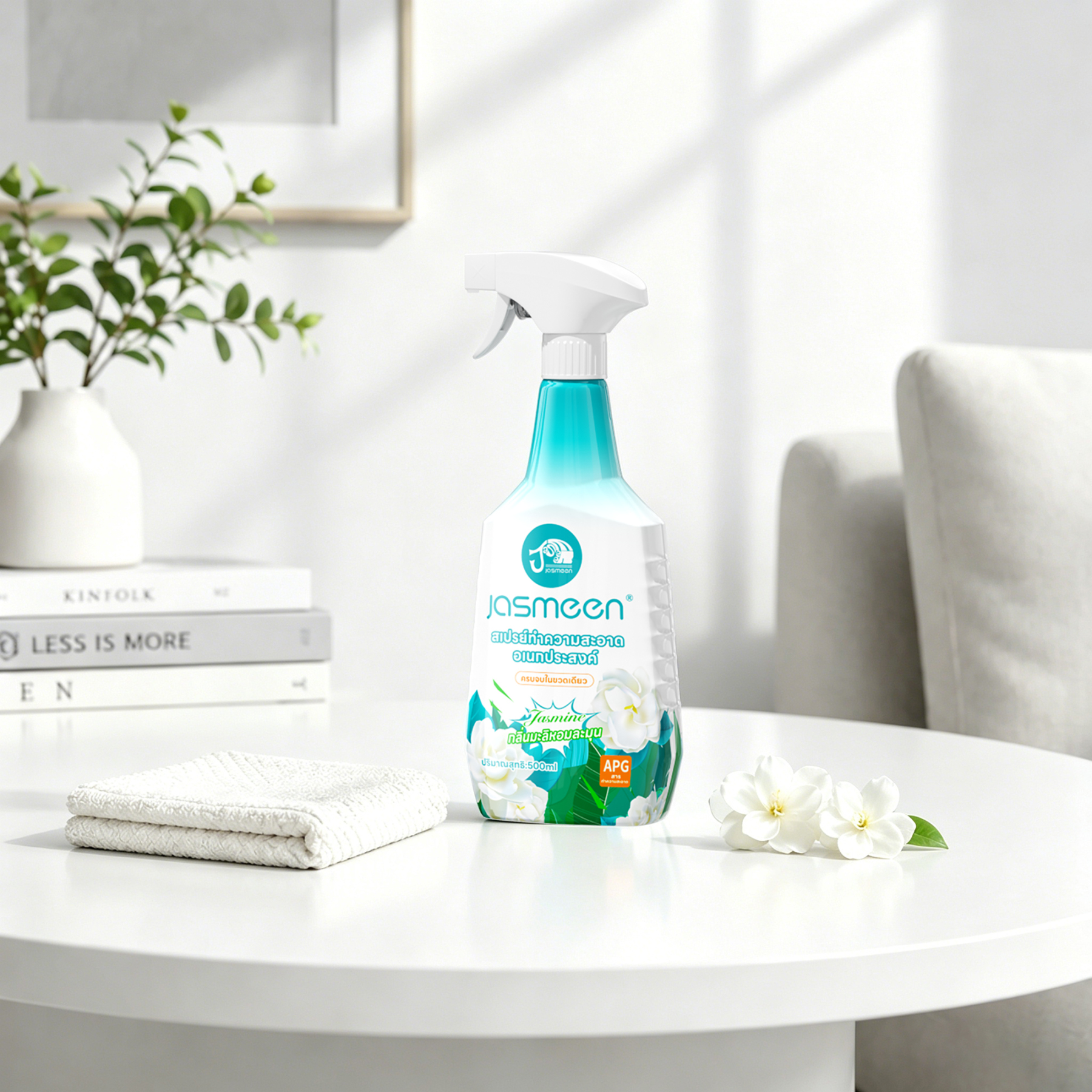 Jasmeen Multi-Purpose Cleaner, with a refreshing jasmine fragrance, each bottle contains 500 milliliters. It is an organic formula suitable for all-household cleaning.