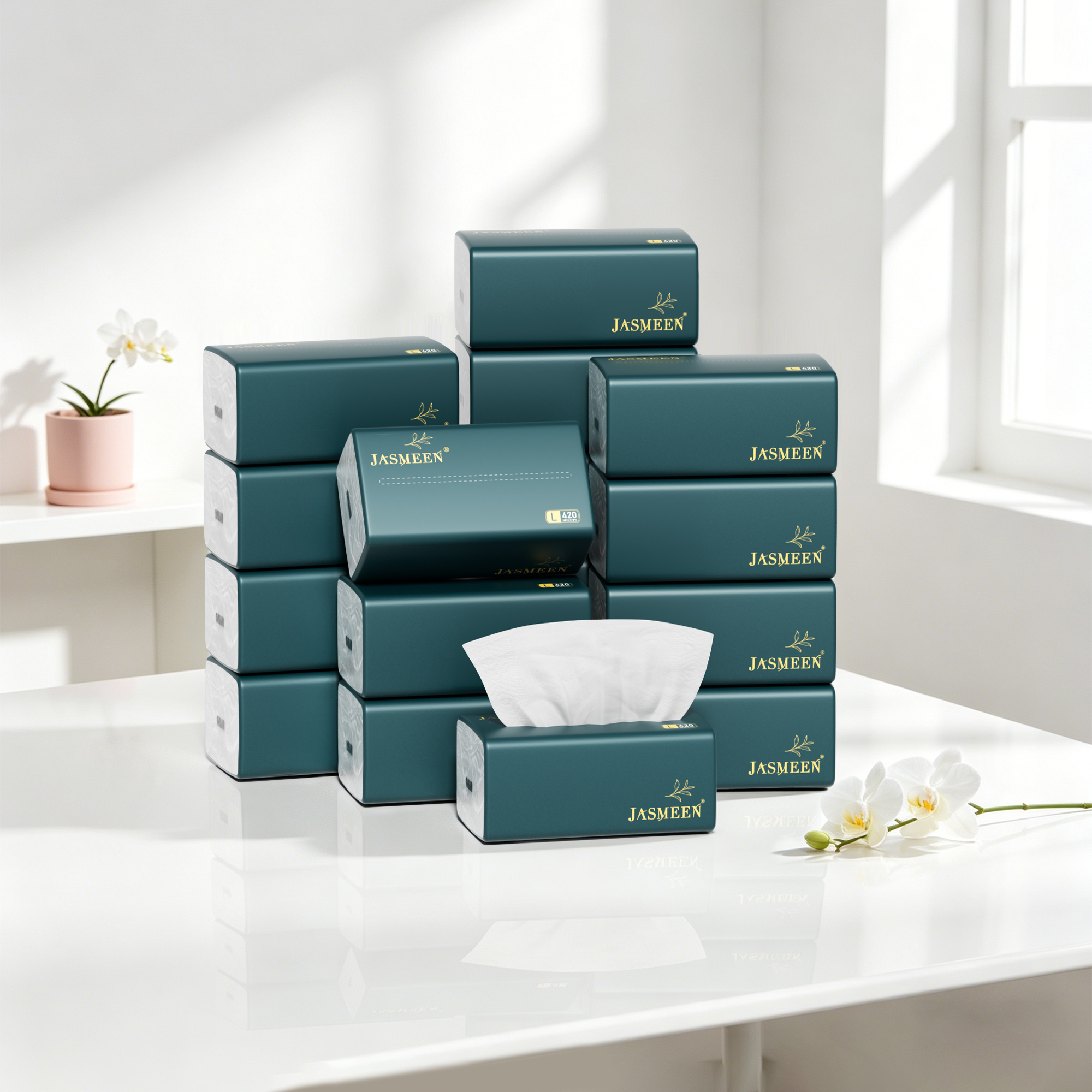 Jasmeen facial tissue, toilet paper, hand towel, 1 box contains 20 packs, 420 sheets per pack, 5 layers thick