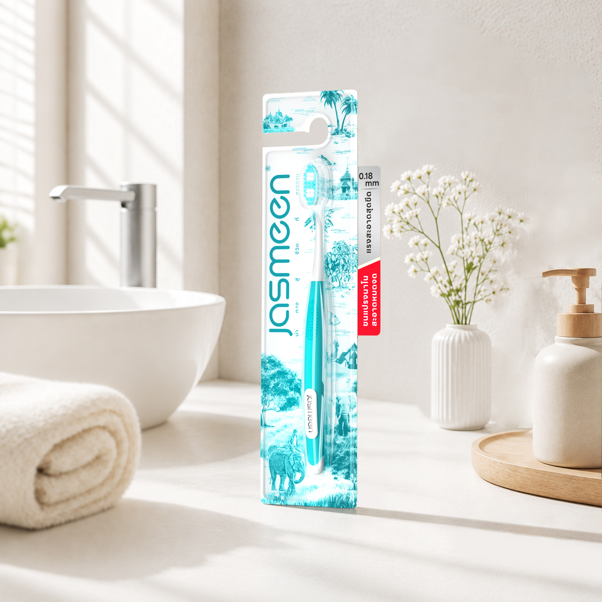 Jasmeen Nano-bristle Toothbrush, with 0.18mm bristles, comes in individual packaging per unit, offers strong cleaning power and a comfortable grip.