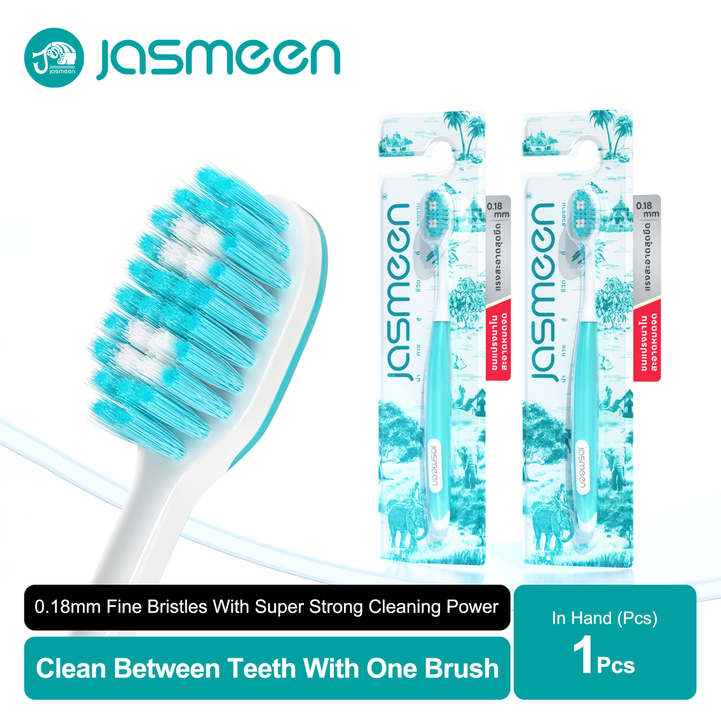 Jasmeen Nano-bristle Toothbrush, with 0.18mm bristles, comes in individual packaging per unit, offers strong cleaning power and a comfortable grip.