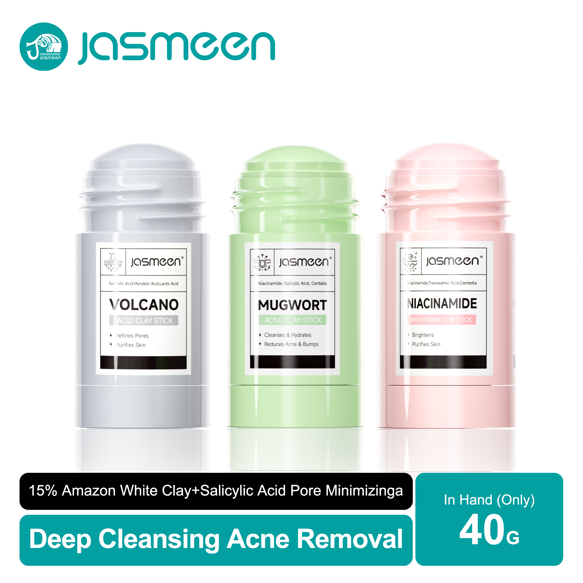 Jasmeen Anti-Pimple Mud Stick, Facial Mask, "Buy One Get One Free" 2-bottle pack. It can reduce acne, brighten skin tone and minimize blackheads.